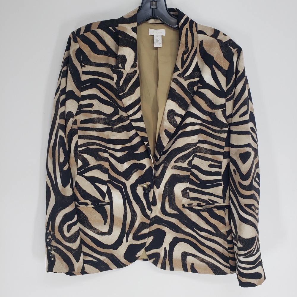 Chicos Zebra Animal Print Blazer Women Size Large 2 Tan Black Neutral Statement